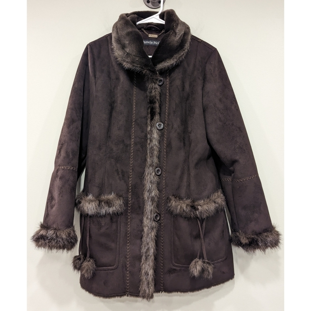 Pamela McCoy Couture Brown Faux Suede and Fur Trimmed Coat Small
